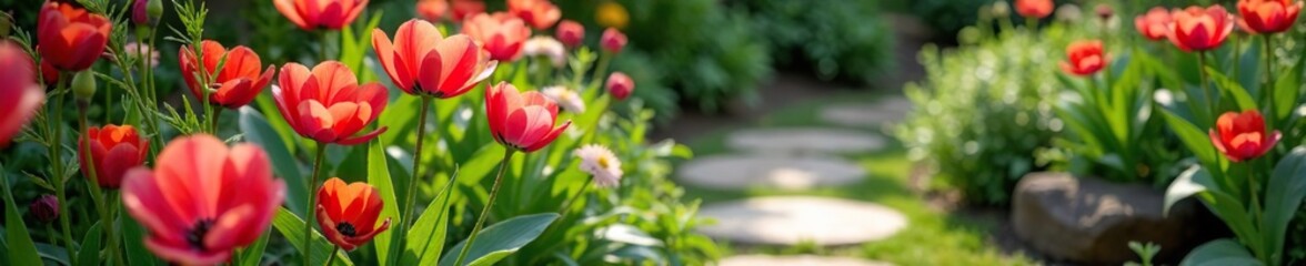 Obraz premium Eustoma flowers in a garden with a stone path, landscape photography, garden stones