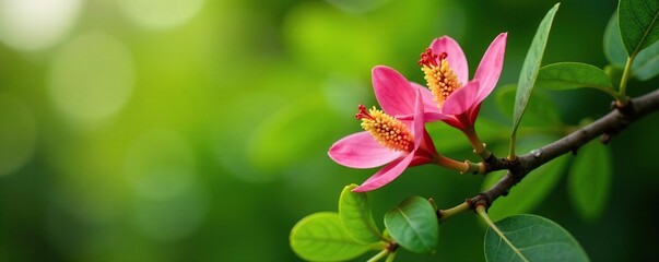 Obraz premium Eucalypt flower on a tree branch with lush greenery surrounding it, botanical, natural