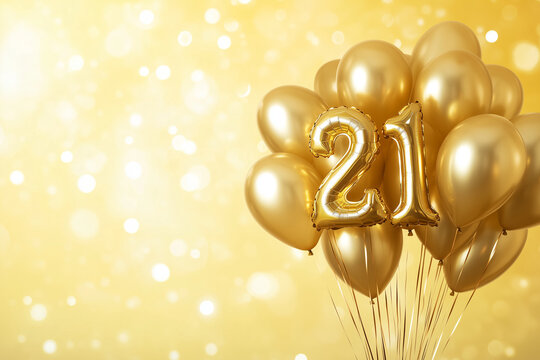Banner with number 21 golden balloons with copy space