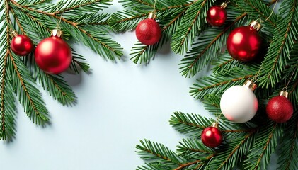 fir branch arrangement with red and white balls, festive wreath, Evergreen branches