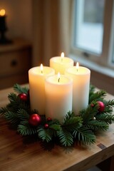 Four white candles in a circular arrangement on a wooden table or shelf, candles, holiday decor, circular