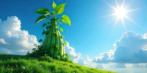 Giant beanstalk rises majestically above a serene, sun-drenched sky, bright blue, majestic, towering