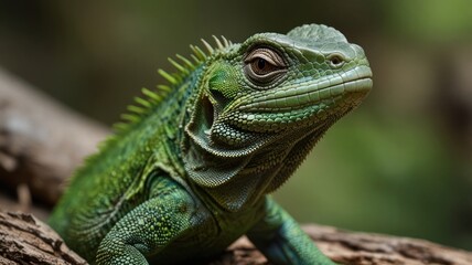 Obraz premium Close-up of a vibrant green iguana resting on a log.