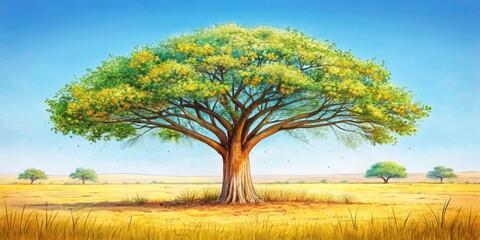 Fototapeta premium Panoramic Marula Tree Line Drawing: Exotic African Travel Postcard Design