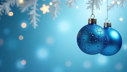 Fototapeta premium Hanging blue and silver ornament balls suspended in air, shiny, shimmering