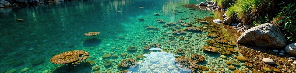 Lake floor covered with dead aquatic vegetation and sediment, landscape, algae