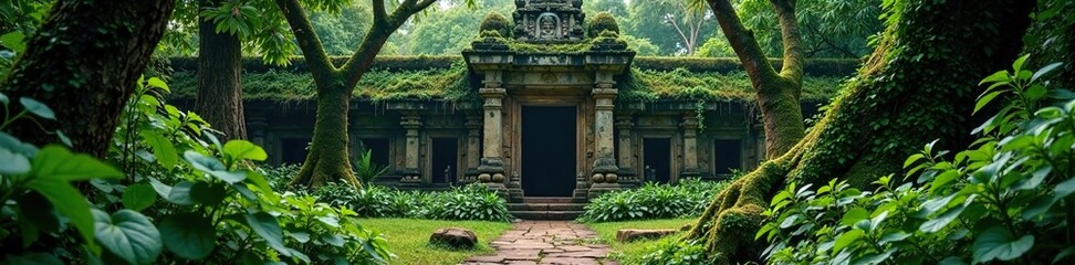 Fototapeta premium Jungle vegetation tangled around temple entrance, moss, tangled, foliage