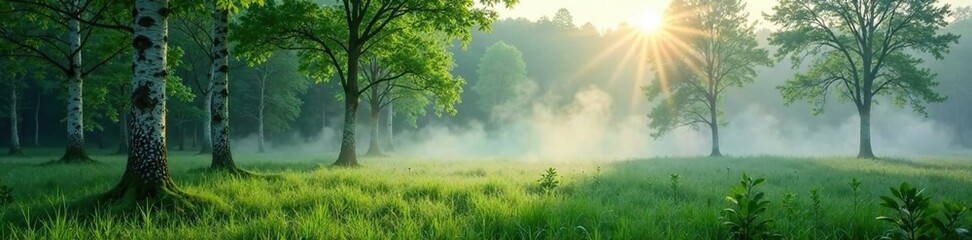 misty morning in the forest with birch trees and lush green grass, forest, serene atmosphere