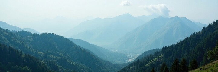 Fototapeta premium Misty mountain range with dense fog rolling in, fresh-air, moody, landscape