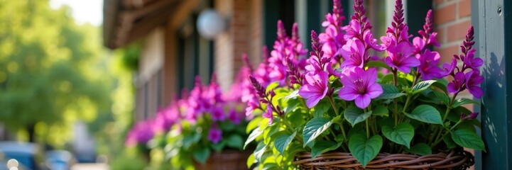Fototapeta premium Purple Salvia Splendens blooms in a hanging basket with trailing stems, plants in baskets,