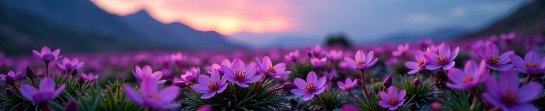 Purple saxifrage blooms in short Arctic summer darkness, flowers blooming, sky