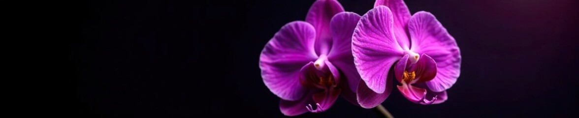 Ruffled petals of large purple orchid against black backdrop, orchid, bloom, purple