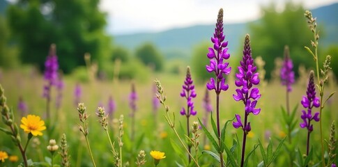 Obraz premium Salvia nemorosa Caradonna Balkan Clary in a field with wildflowers, rustic, flower