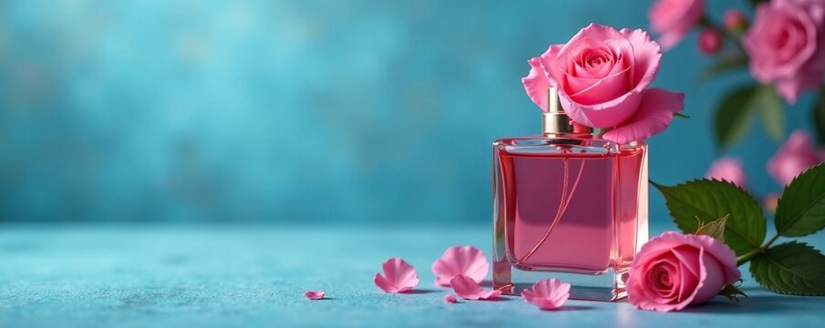 Rosa e agrumi disposti in una composizione geometrica sulla boccetta di profumo su sfondo azzurro, fragranza, elegante, rosa
