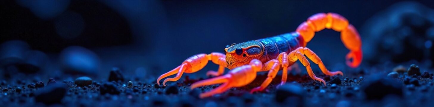 Scorpion Buthus occitanus glowing in the dark with UV light, scorpion, reptile, glow