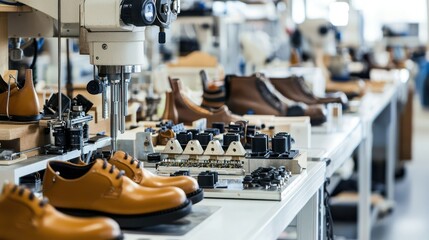 Shoe manufacturing equipment and shoe components on a white background.