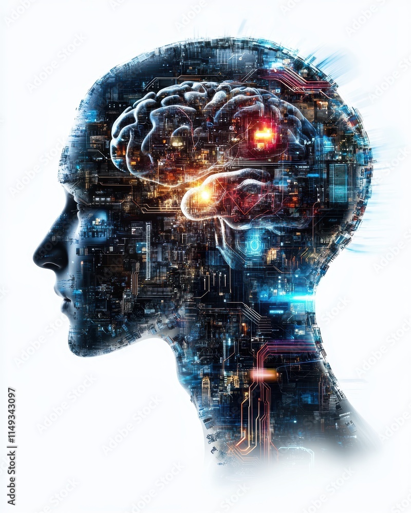 Poster this striking image illustrates the convergence of human cognition and advanced technology, showcasi