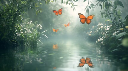 Monarch Butterflies Flutter Over Misty Forest Stream