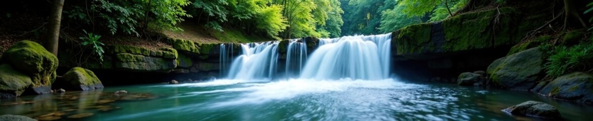 Fototapeta premium Waterfall in the forest background with moving water and foam, natural scenery, water effects, serene atmosphere