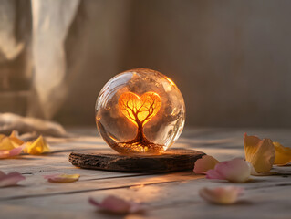charming crystal ball featuring heart shaped tree, surrounded by petals, evokes sense of love and tranquility