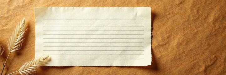 A single sheet of plain white lined paper against a warm and earthy brown paper background with visible fibers, journal, paper background, fiber texture