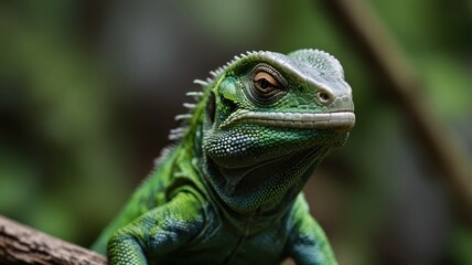 Fototapeta premium Close-up of a vibrant green lizard perched on a branch.