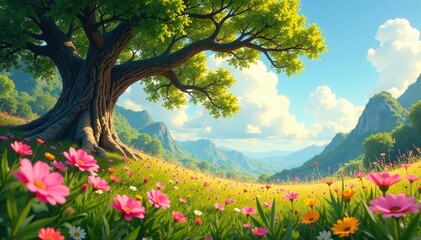 Fototapeta premium Blooming flowers swaying gently in the warm breeze amidst tall grasses and a majestic ancient tree, blooms, flowers, trees
