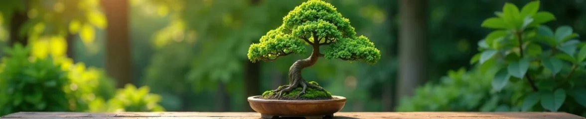  Bonsai tree on a wooden pedestal in the garden, pedestal, tree © Withun