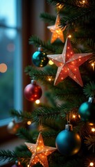 Christmas tree with star-shaped ornaments and glittering lights, sparkling accents, sparkly lights