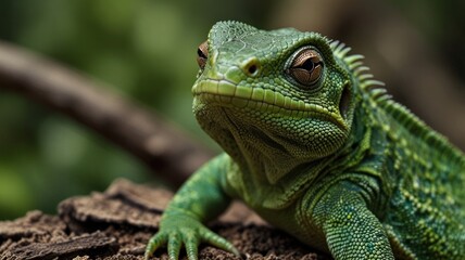 Close-up of a vibrant green lizard on wood.
