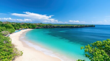 A beautiful beach with a blue ocean in the background