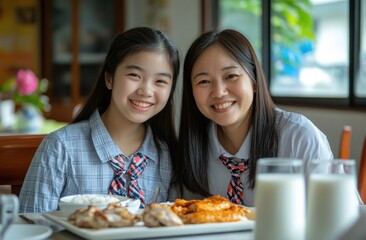 A happy Asian mother and daughter eating at the dining table, with plates of food on it, they look into each other's eyes while smiling happily.