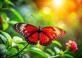 Fototapeta premium Red Butterfly on Green Leaf, Pink Bud, Sunlight - Product Photography Stock Image
