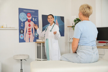 Obraz premium Female doctor showing structure of endocrinology system to mature woman in clinic