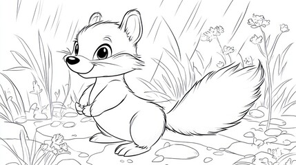 Cartoon Skunk Dancing in Rain - Children's Coloring Book Page