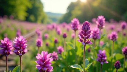 Fototapeta premium Delicate pink violet flowers blooming among clover in a railway field, blossoms, trifolium pratense