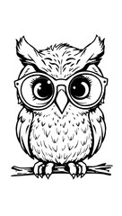 “Curious Owl with Oversized Glasses Outline Only, No Fill Color, Thicker Line” – A doodle of an owl with oversized round glasses, outlined with thick lines and no fill color on a white background.
