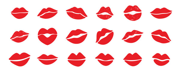 lips kiss clipart. lips kiss hand drawn silhouette symbols. Decor red lips cartoon drawing elements set