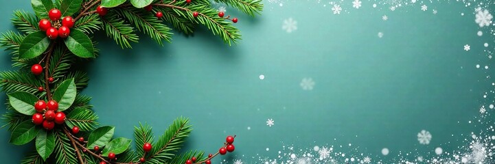 Festive Christmas background with a greenery wreath, green leaves, holly, snowy background