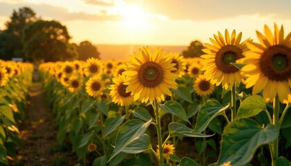 Obraz premium Field of tall sunflowers on a warm summer day with long shadows stretching across the ground, countryside, golden