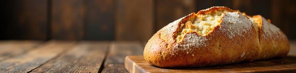 Freshly baked artisan bread on a wooden table, fresh, crusty, golden