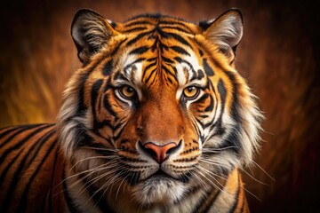 A fierce tiger's intense gaze dominates this wildlife close-up, set against a rich brown backdrop.
