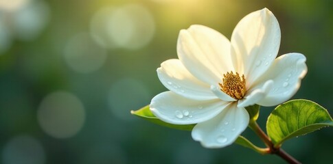 Fototapeta premium Glistening dewdrops cling to creamy white magnolia blossoms, droplets, floral