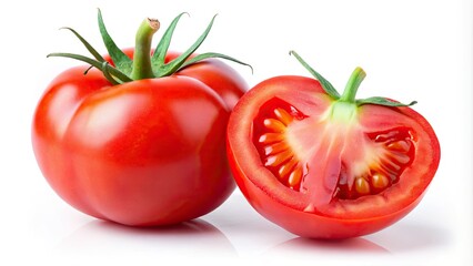 A juicy red tomato, halved and sliced, bursts with vibrant color. Fresh, candid food photography.