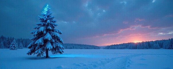 In the snowy field, a lone pine tree shines with an intense blue glow, evening sky, icy calm, frozen world