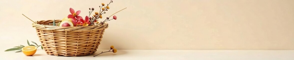 Isolated bamboo woven basket with a few dried flowers and some twigs, whimsical charm, natural bamboo, earthy tones