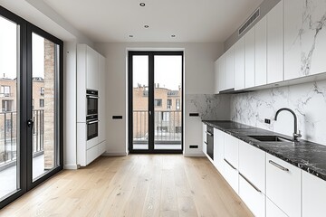 Modern Scandinavian style kitchen with white cabinets, marble wall, black marble countertop, silver sink, built-in oven, minimalist decor, natural light, and black window frame.