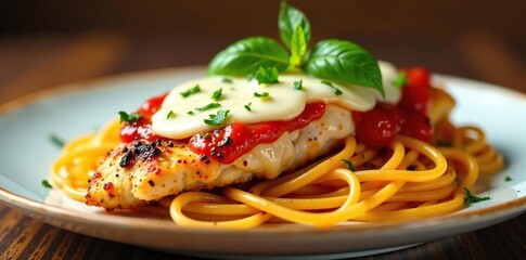 Juicy chicken breast topped with melted mozzarella cheese and marinara sauce on a bed of spaghetti pasta, tomato sauce, flavorful meal, Italian-American cuisine