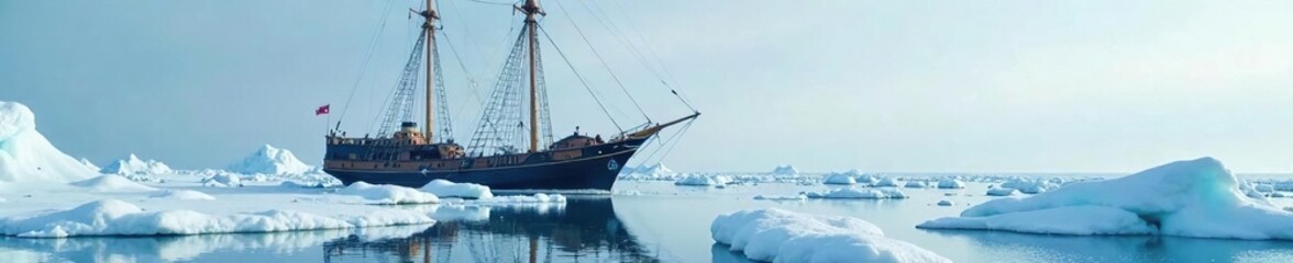 Naklejka premium Large wooden sailing ship lying still and silent, half-buried in Arctic snow and ice, ice formation, arctic snow