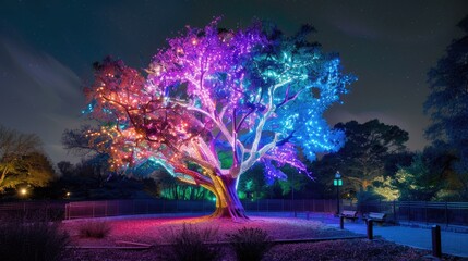 Illuminated Tree at Night with Starry Sky